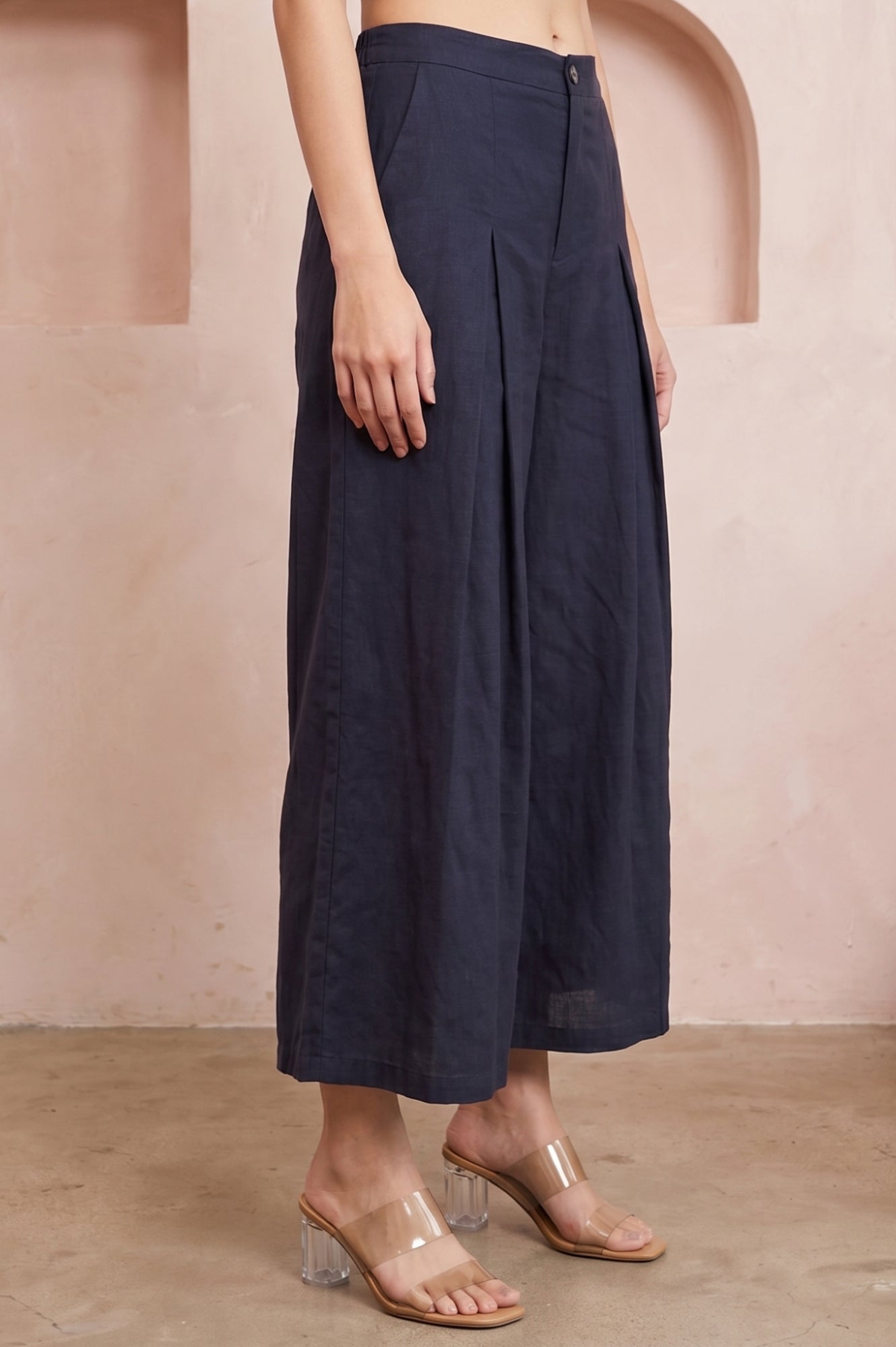 Navy Blue Solid Rayon Flax Flared Pants