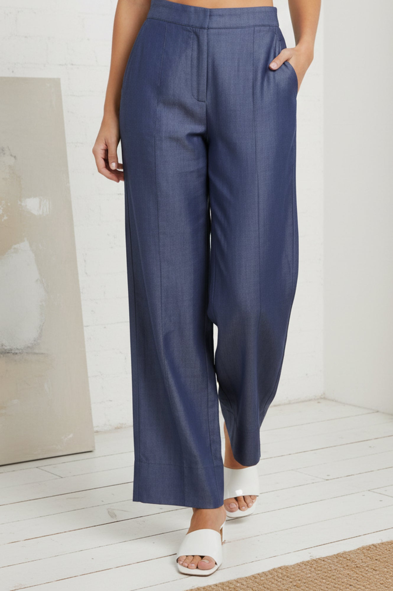 Blue Solid Tencel Relaxed Fit Ankle Length High Rise Pants