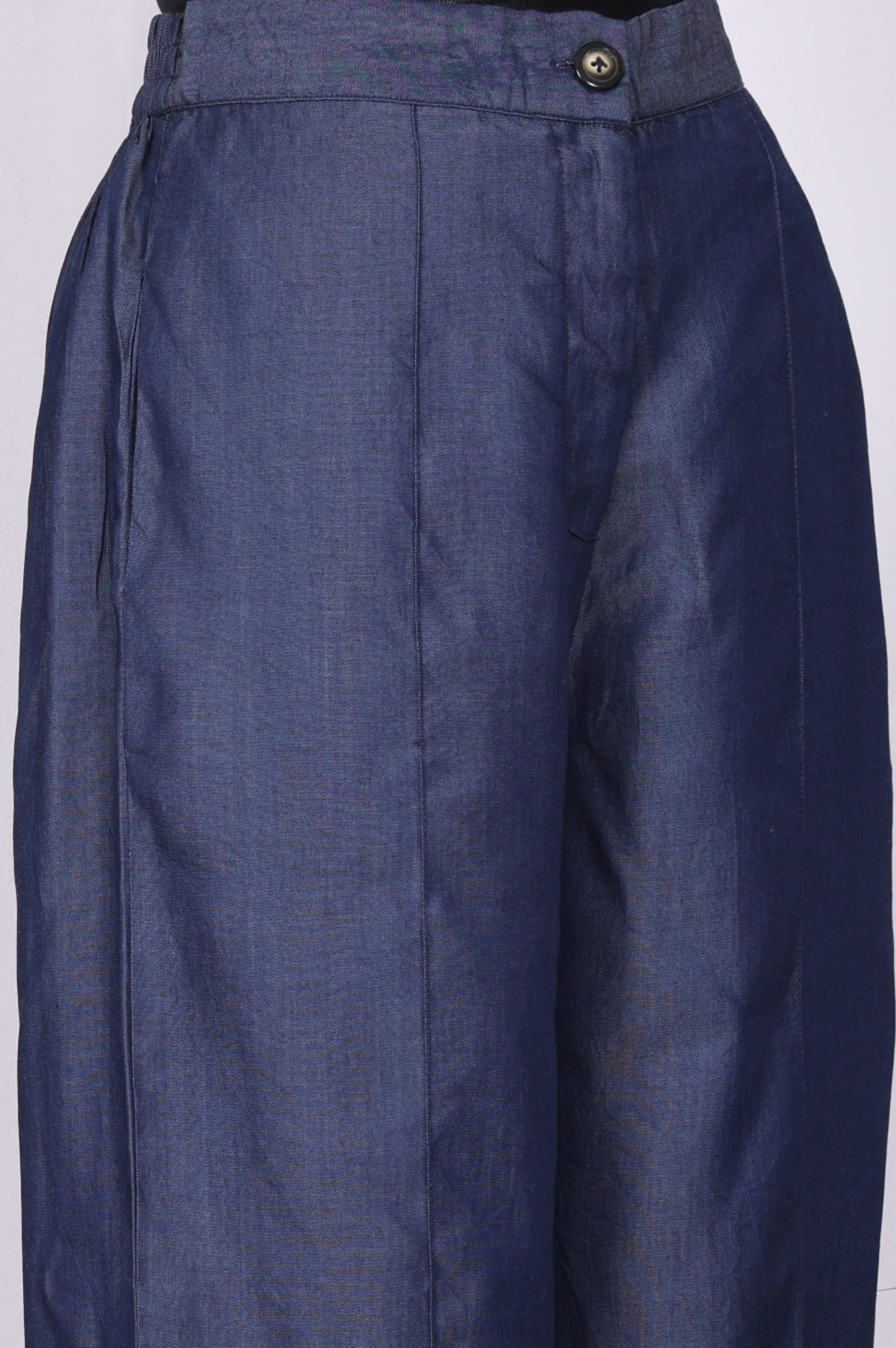 Blue Solid Tencel Relaxed Fit Ankle Length High Rise Pants