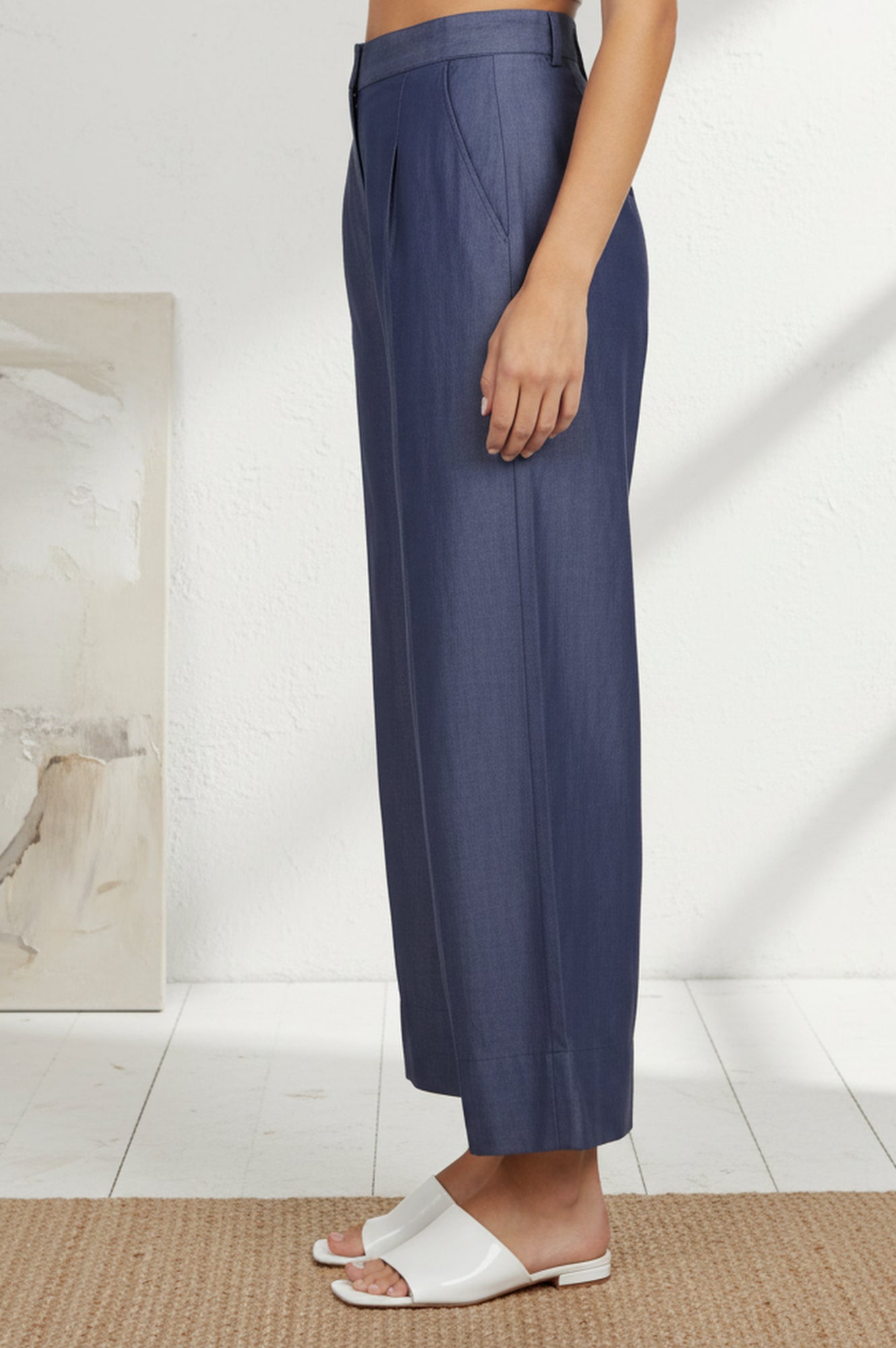 Blue Solid Tencel Relaxed Fit Ankle Length High Rise Pants