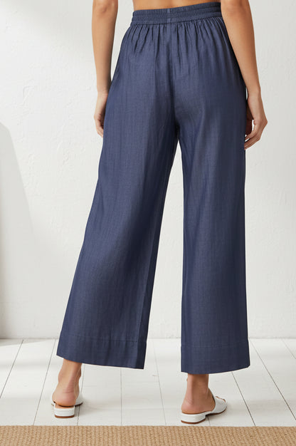 Blue Solid Tencel Relaxed Fit Ankle Length High Rise Pants