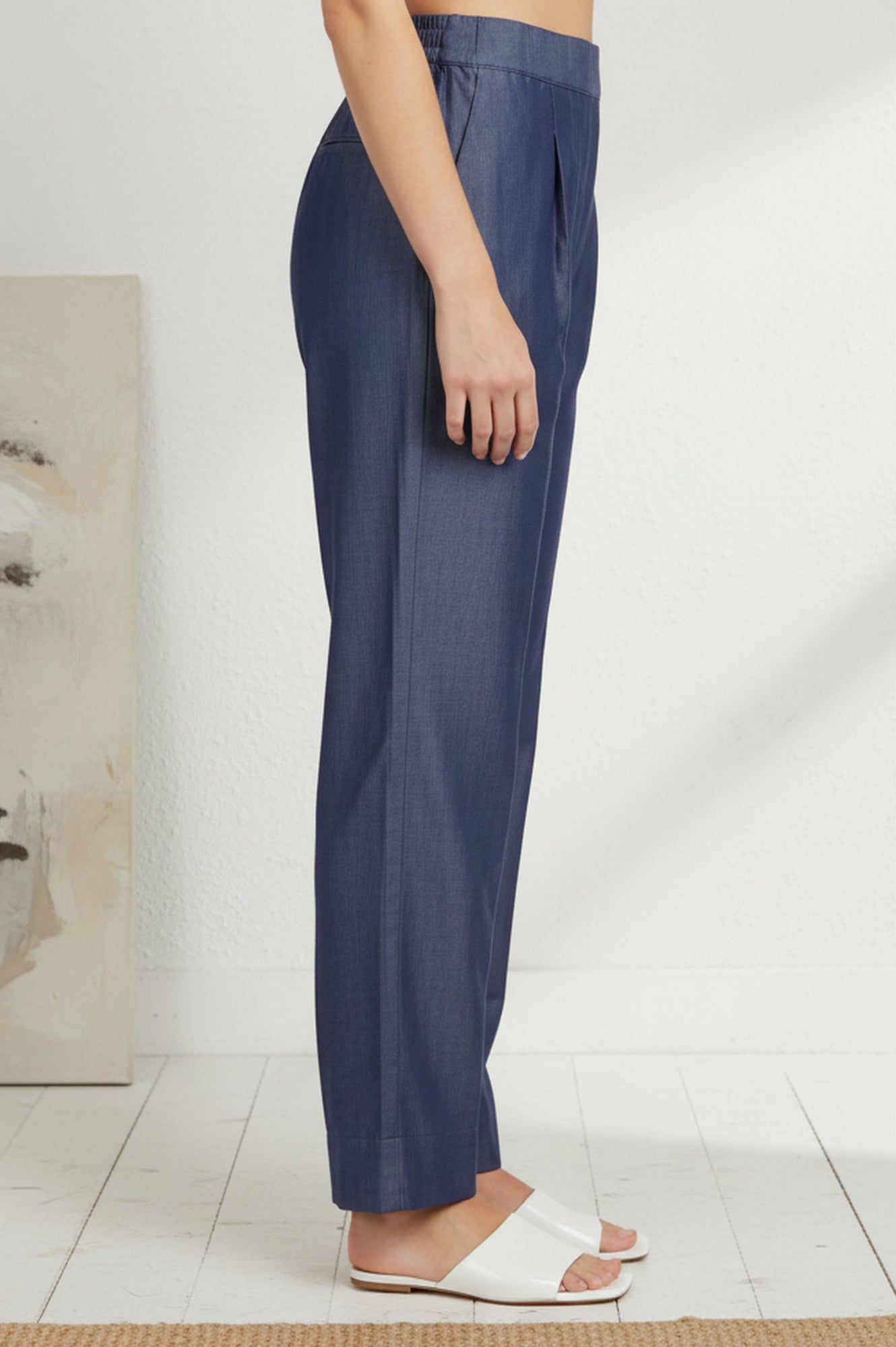 Blue Solid Tencel Relaxed Fit Ankle Length High Rise Pants