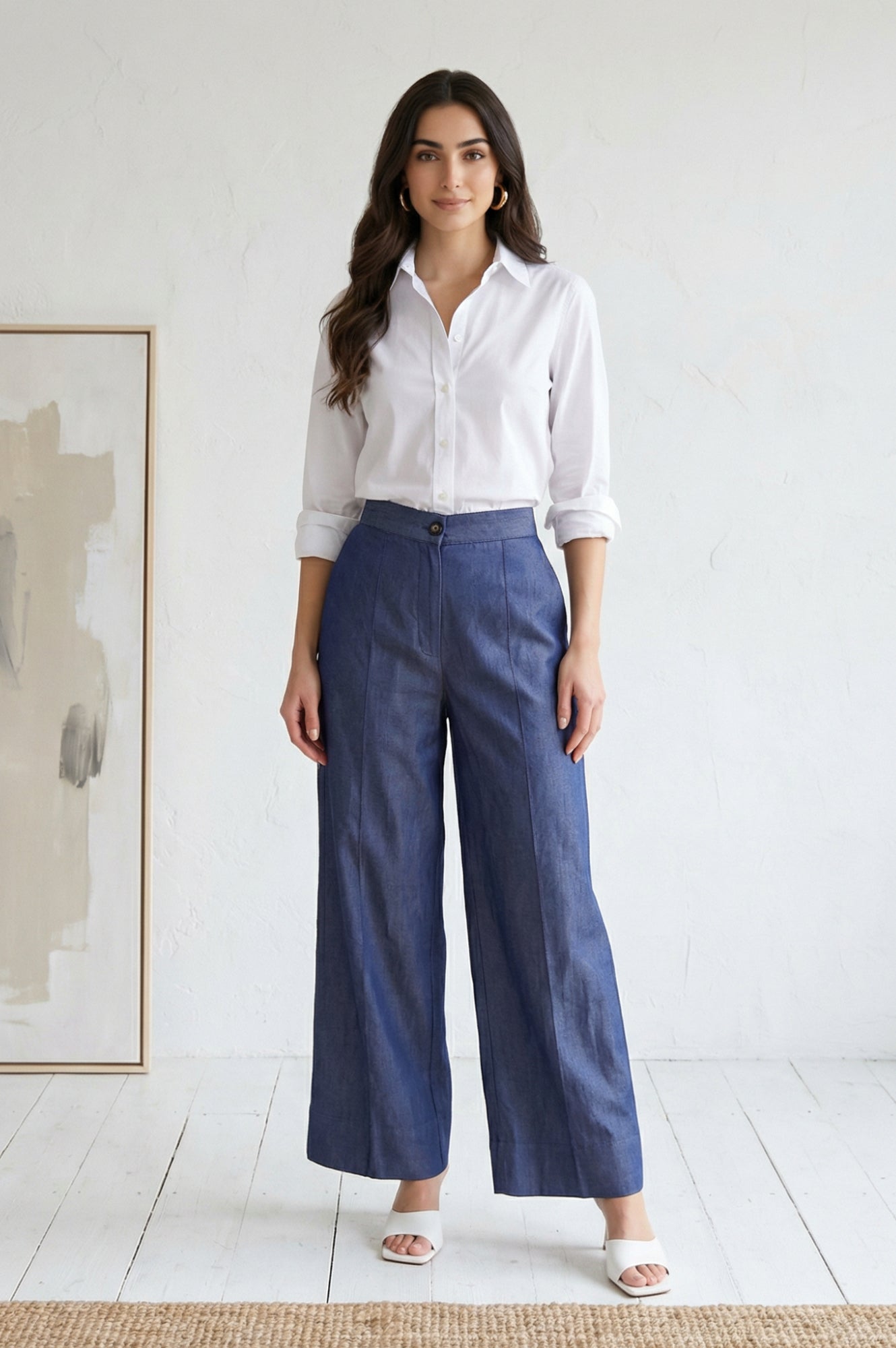 Blue Solid Tencel Relaxed Fit Ankle Length High Rise Pants