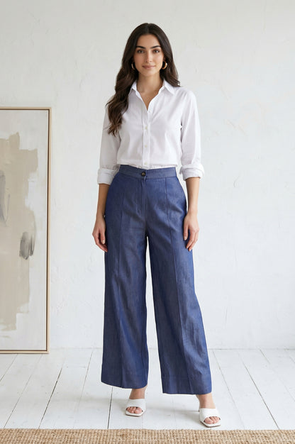 Blue Solid Tencel Relaxed Fit Ankle Length High Rise Pants