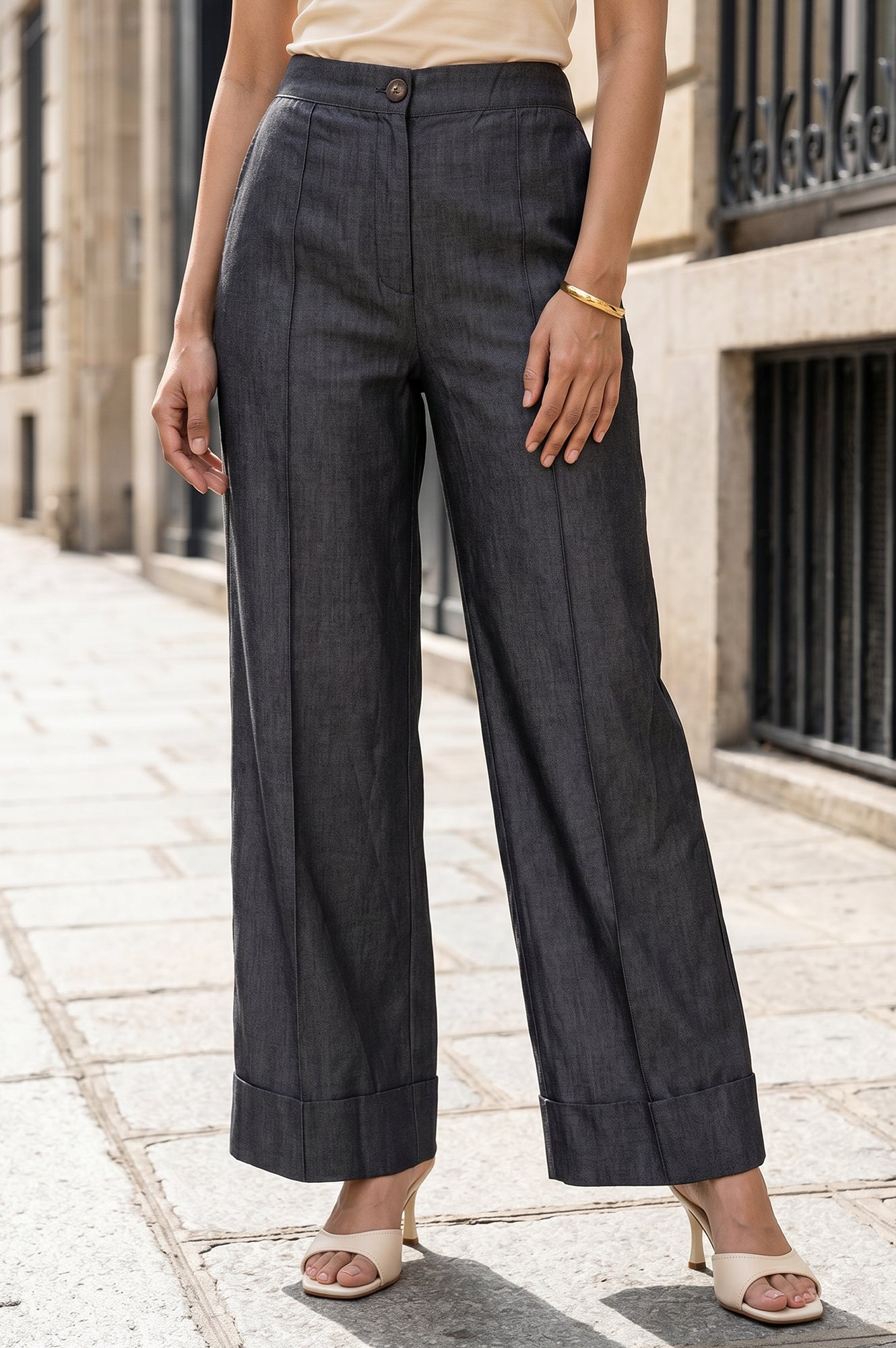 Black Tencel Relaxed Fit Wide-Leg Ankle Length Pants