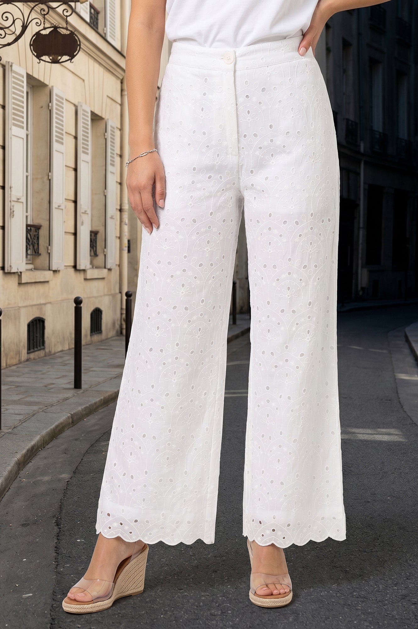 White Schiffli Pure Cotton Ankle Length Pants