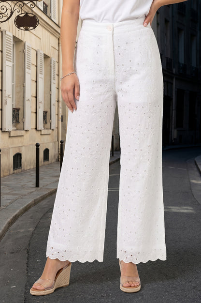 White Schiffli Pure Cotton Ankle Length Pants