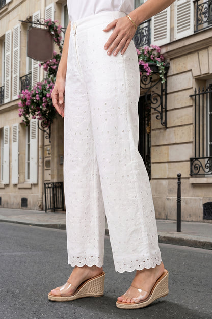 White Schiffli Pure Cotton Ankle Length Pants