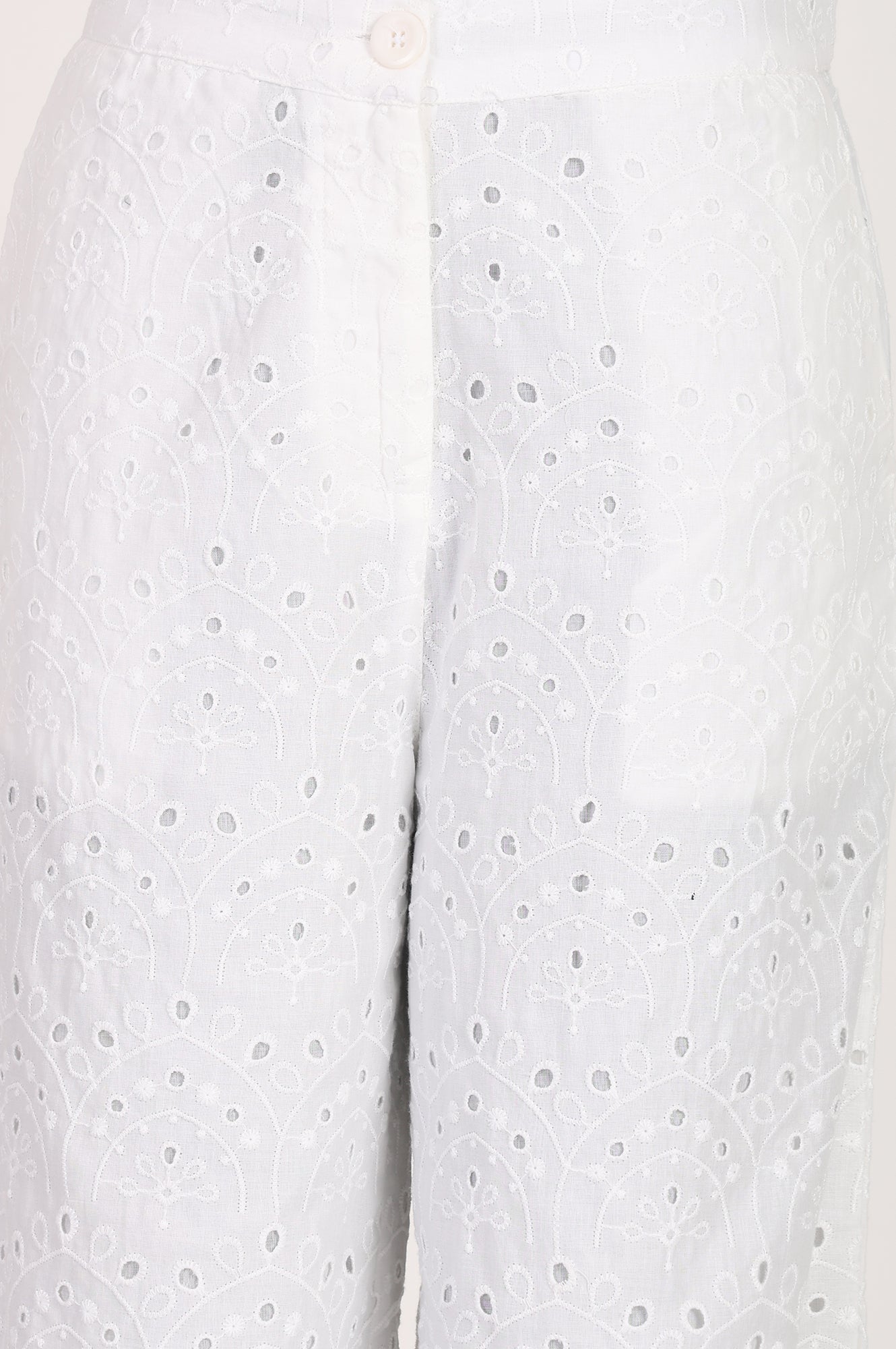 White Schiffli Pure Cotton Ankle Length Pants