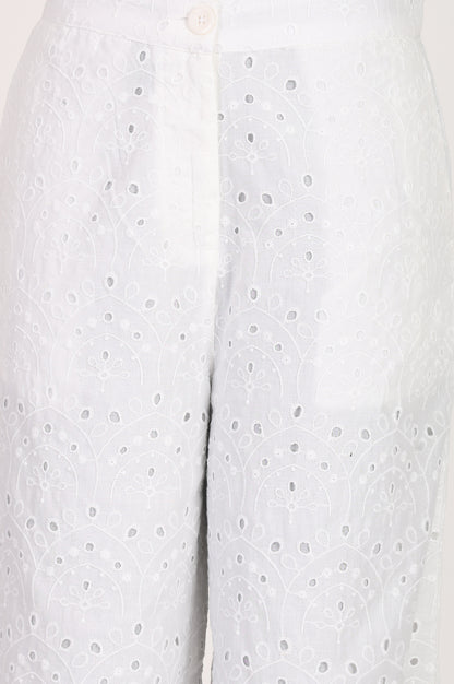 White Schiffli Pure Cotton Ankle Length Pants