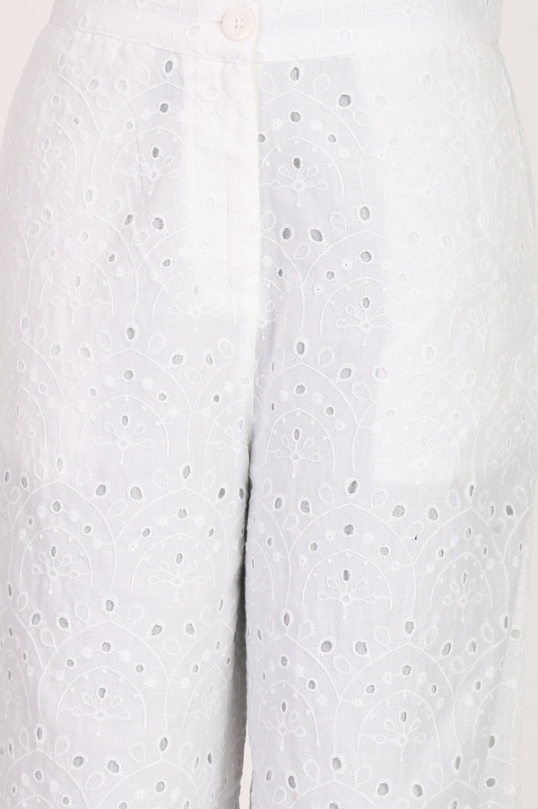 White Schiffli Pure Cotton Ankle Length Pants