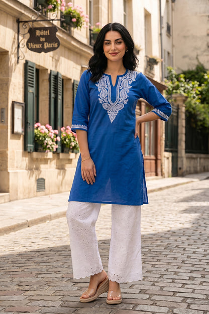 White Schiffli Pure Cotton Ankle Length Pants