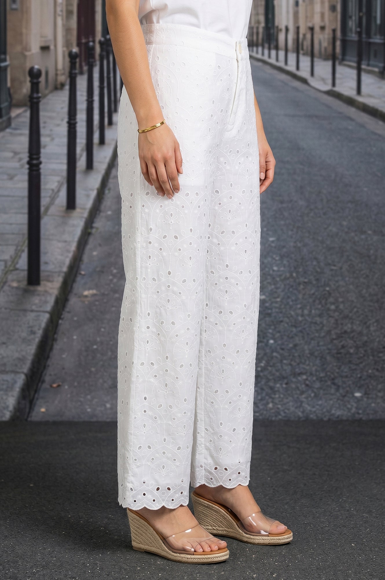 White Schiffli Pure Cotton Ankle Length Pants