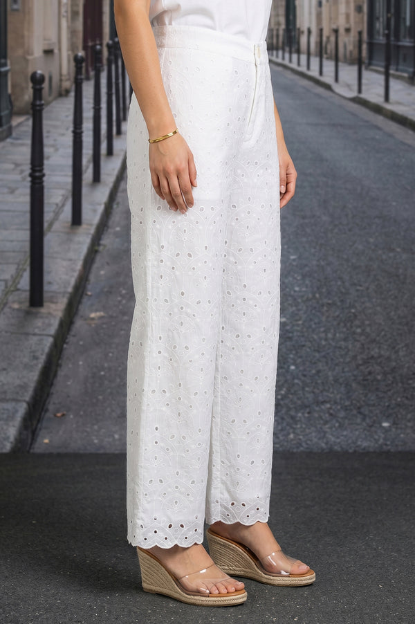 White Schiffli Pure Cotton Ankle Length Pants
