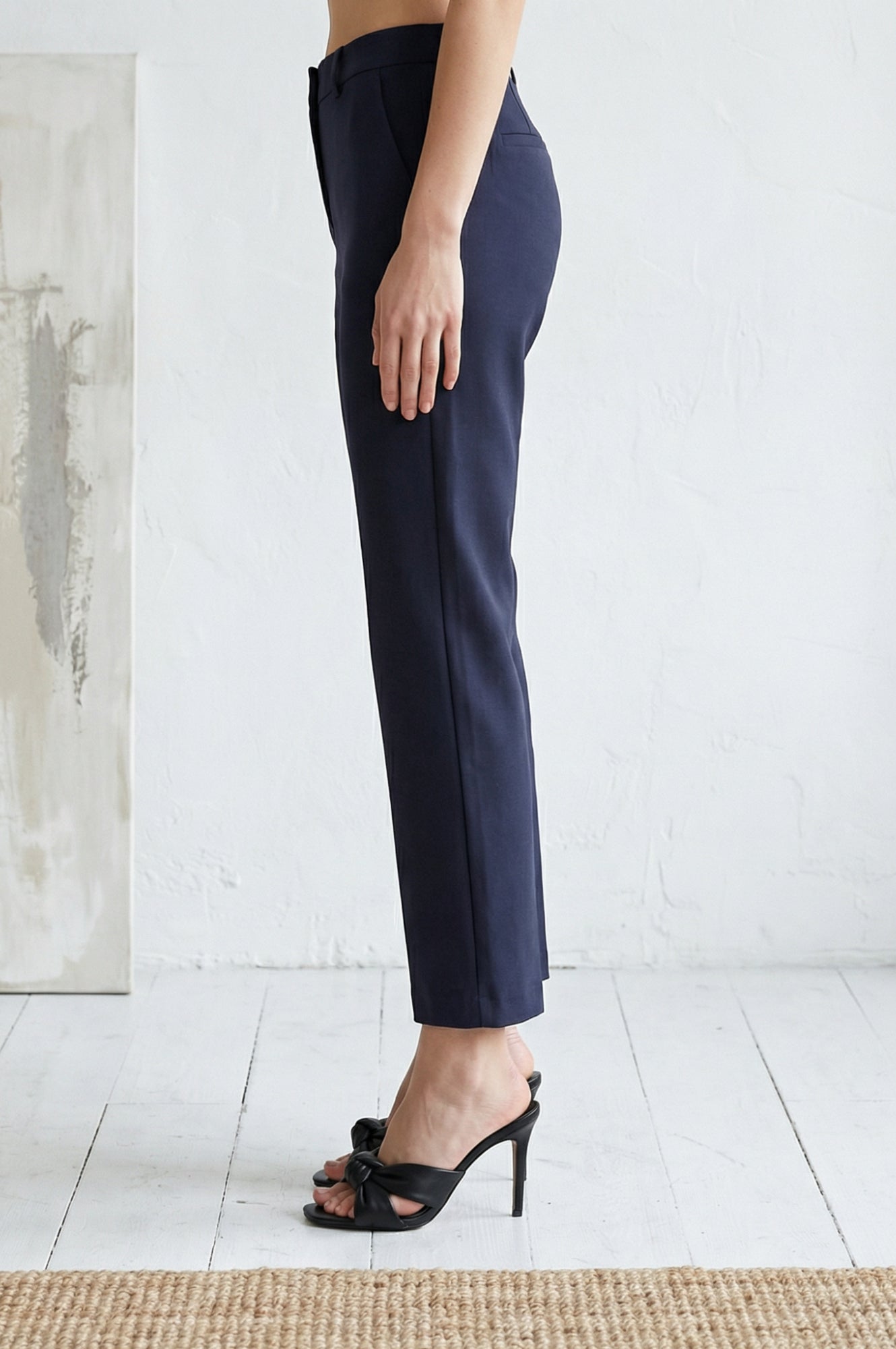 Navy Blue Solid Rayon Straight Fit Pants