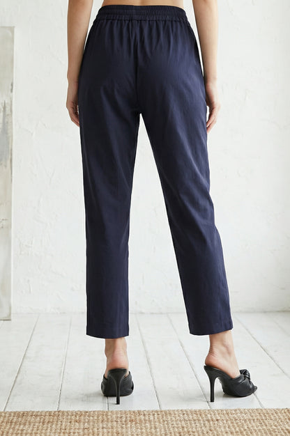 Navy Blue Solid Rayon Straight Fit Pants