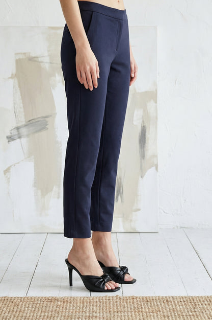 Navy Blue Solid Rayon Straight Fit Pants