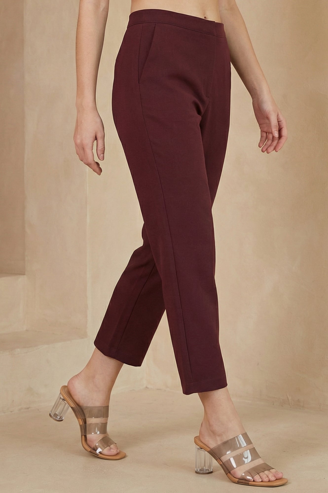 Maroon Solid Rayon Straight Fit Pants