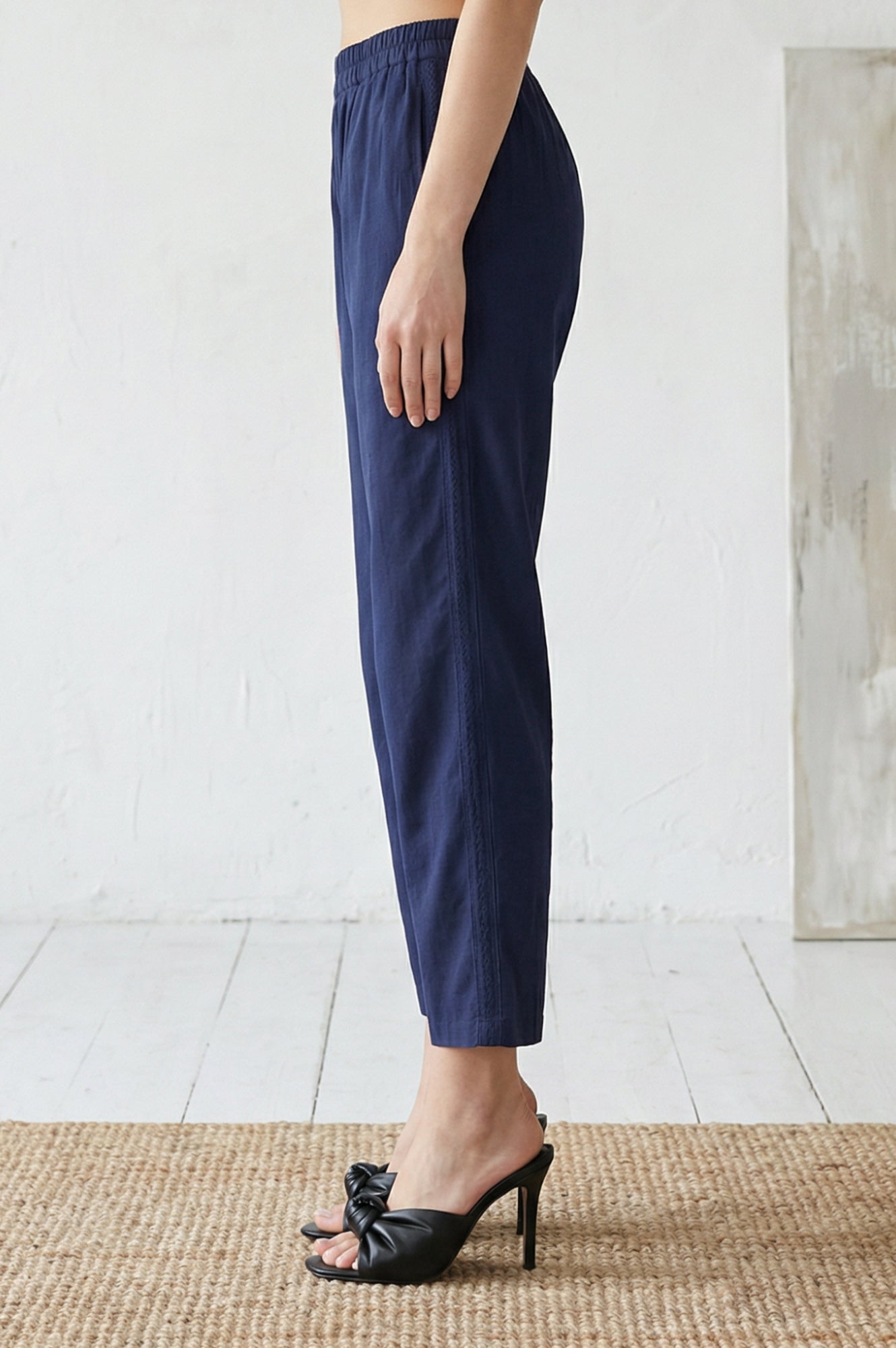 Navy Blue Cotton Flax Ankle Length Relaxed Pants