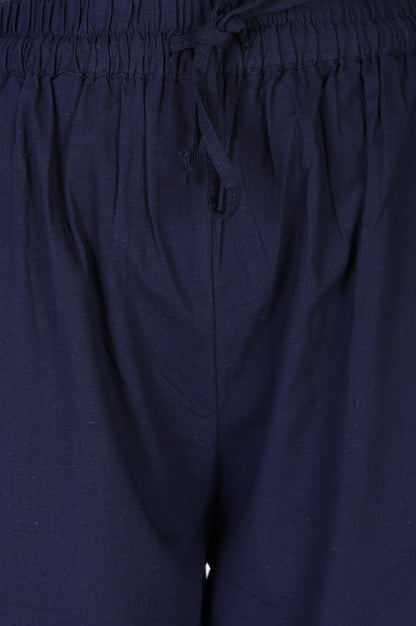 Navy Blue Cotton Flax Ankle Length Relaxed Pants