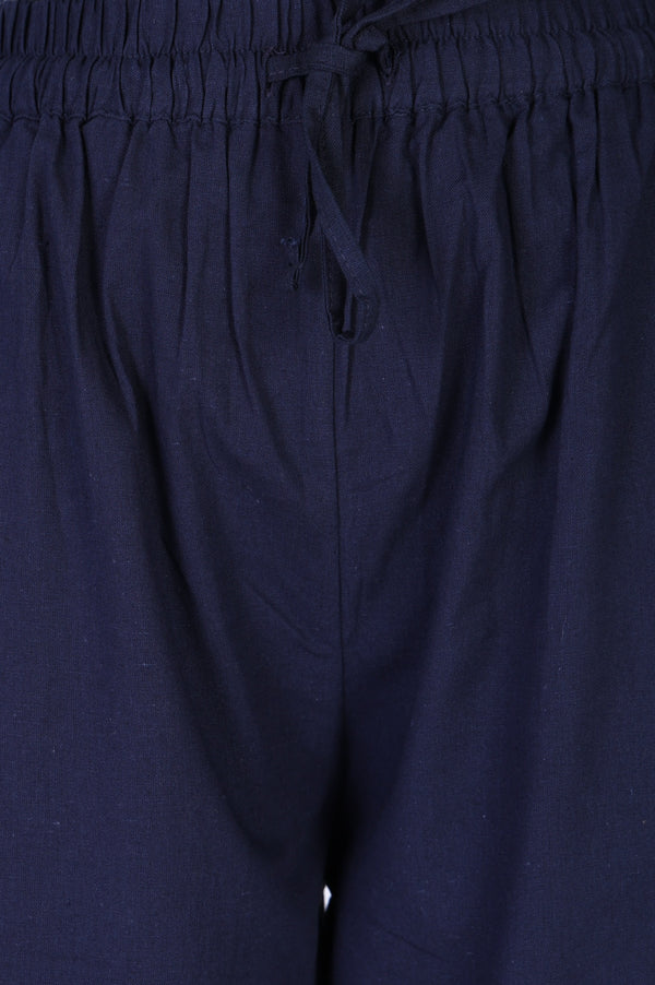 Navy Blue Cotton Flax Ankle Length Relaxed Pants