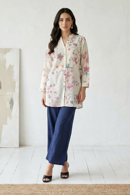 Navy Blue Cotton Flax Ankle Length Relaxed Pants