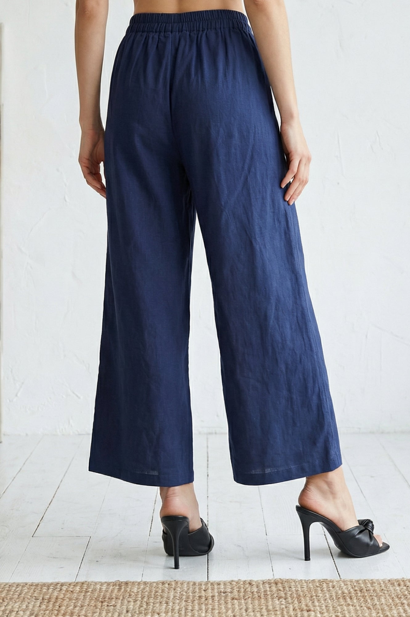 Navy Blue Cotton Flax Ankle Length Relaxed Pants