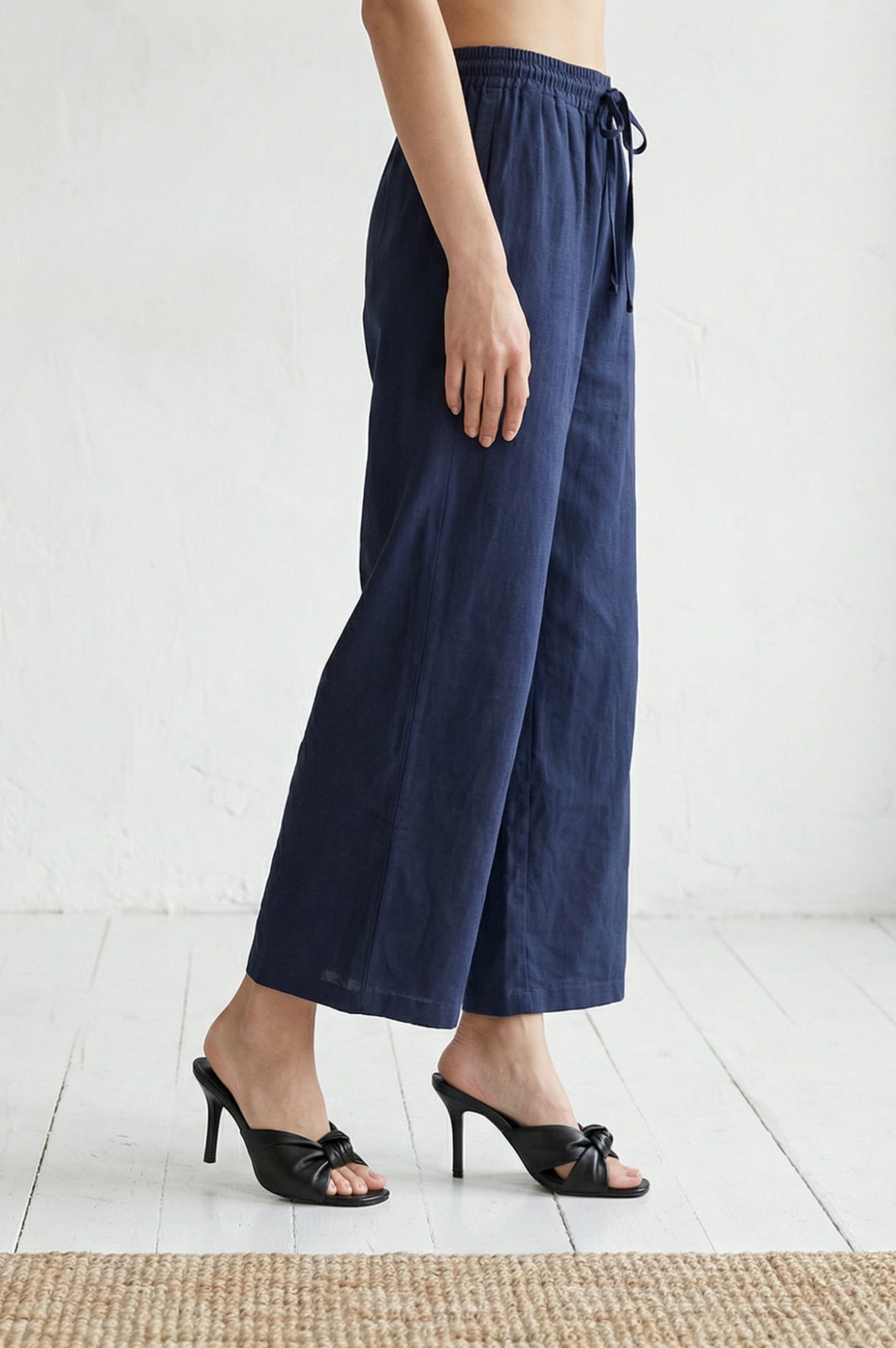Navy Blue Cotton Flax Ankle Length Relaxed Pants