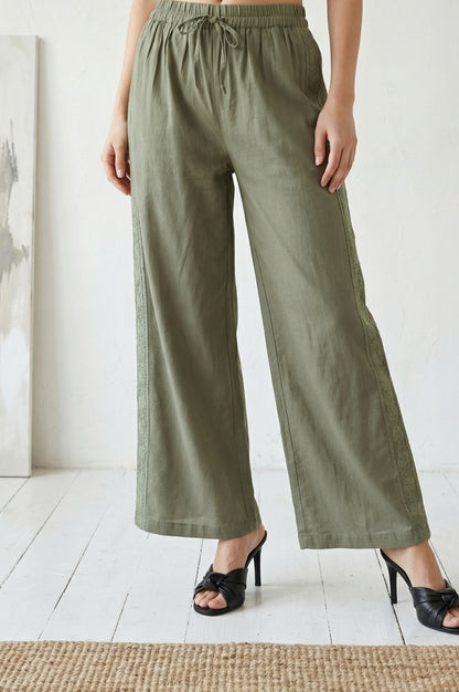 Olive Thread Embroidered Cotton Flax Ankle Length Relaxed Pants