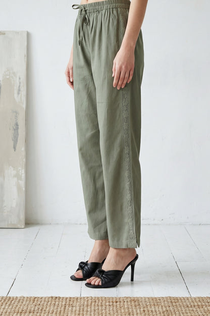 Olive Thread Embroidered Cotton Flax Ankle Length Relaxed Pants