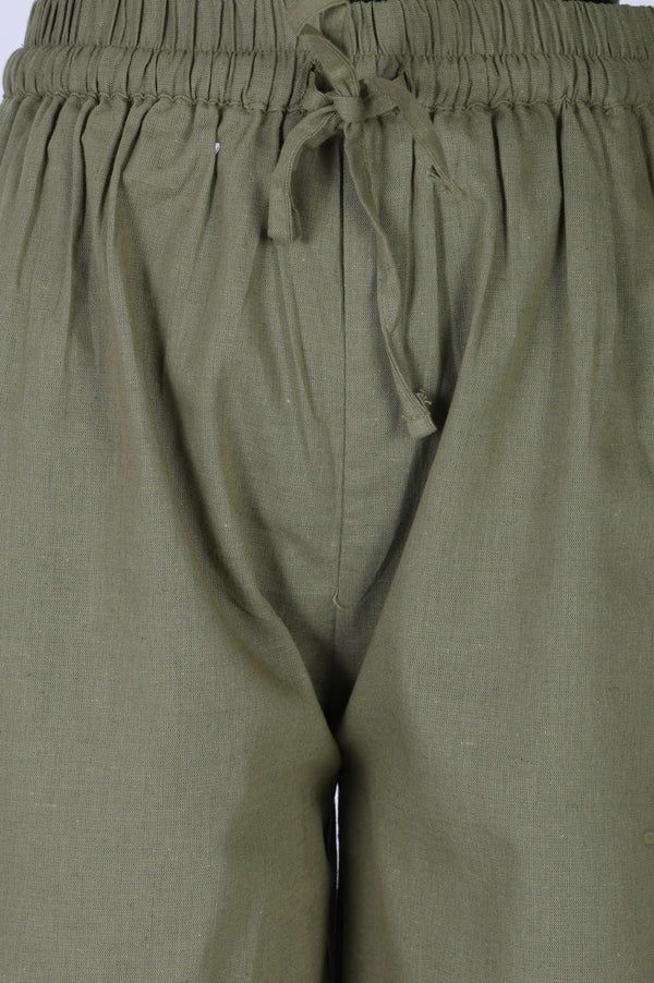 Olive Solid Lace Cotton Blend Relaxed Fit Ankle Length Pants