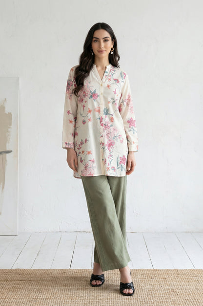 Olive Thread Embroidered Cotton Flax Ankle Length Relaxed Pants