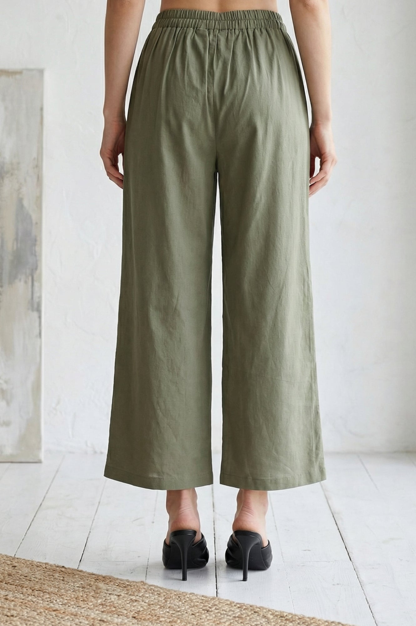 Olive Thread Embroidered Cotton Flax Ankle Length Relaxed Pants