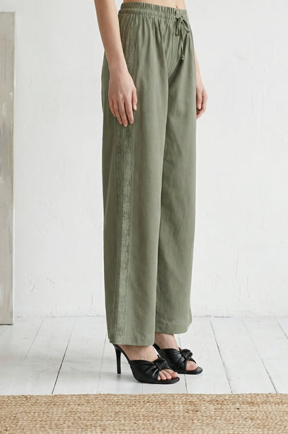 Olive Thread Embroidered Cotton Flax Ankle Length Relaxed Pants