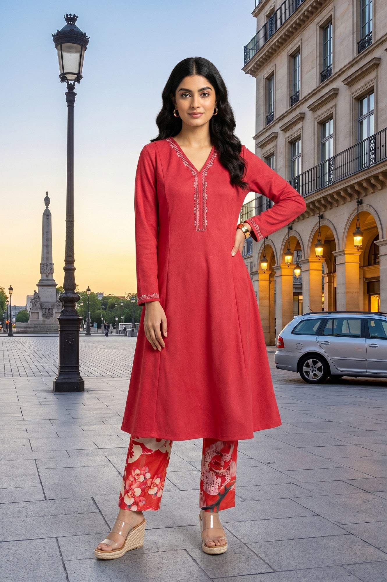 Red Floral Printed Straight Fit Pants
