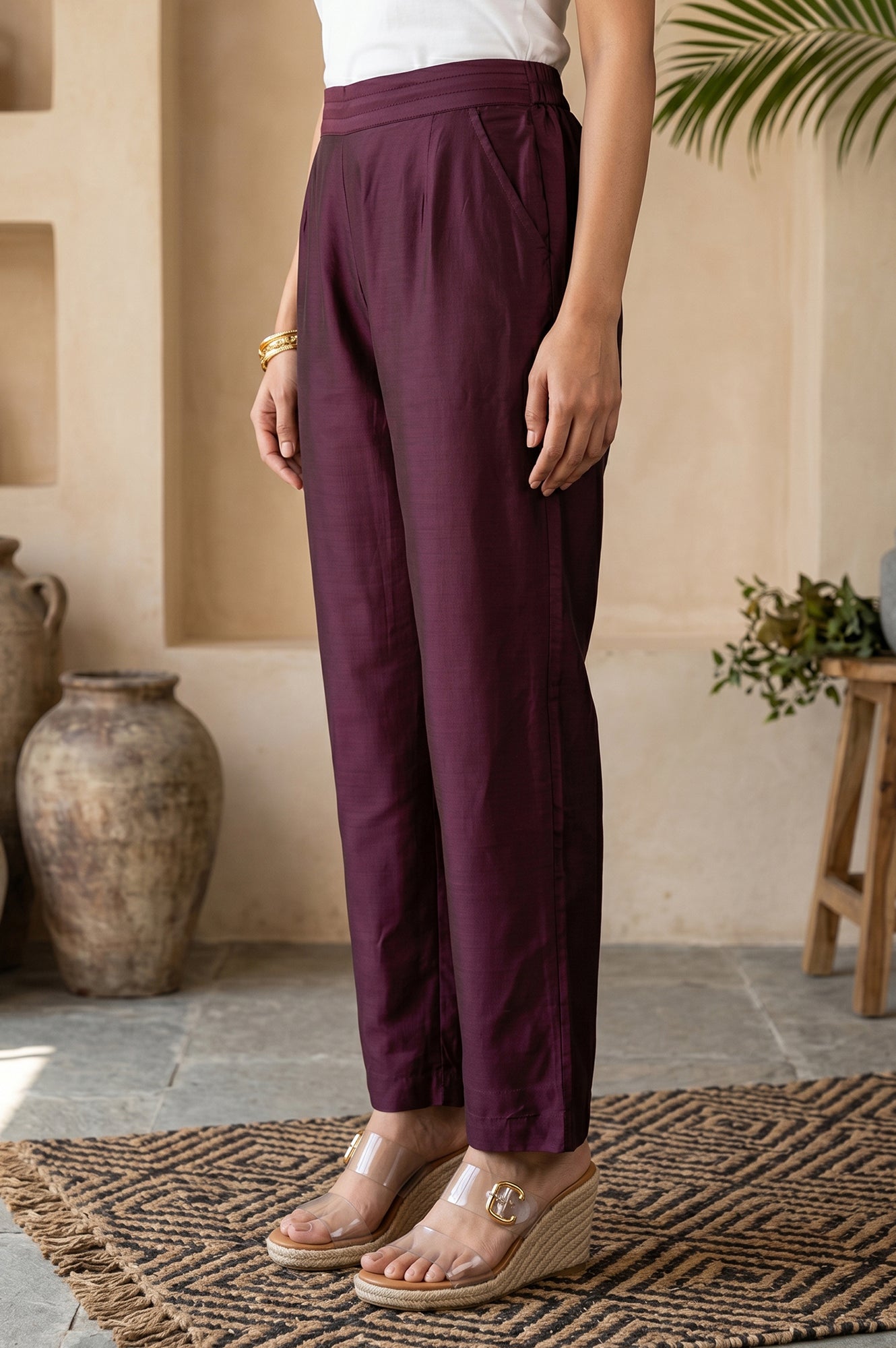 Wine Straight Fit Ankle Length Pants