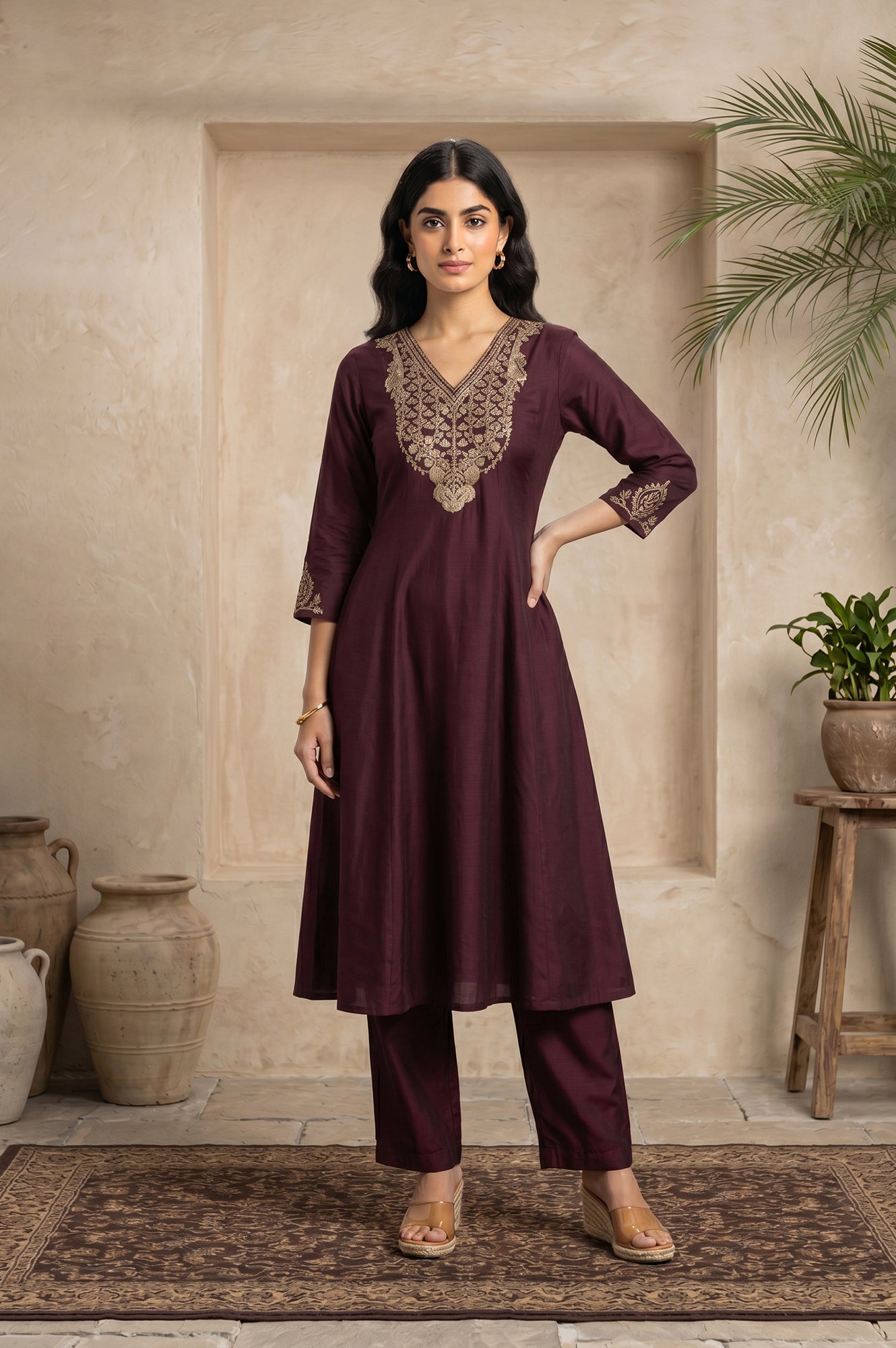Wine Straight Fit Ankle Length Pants