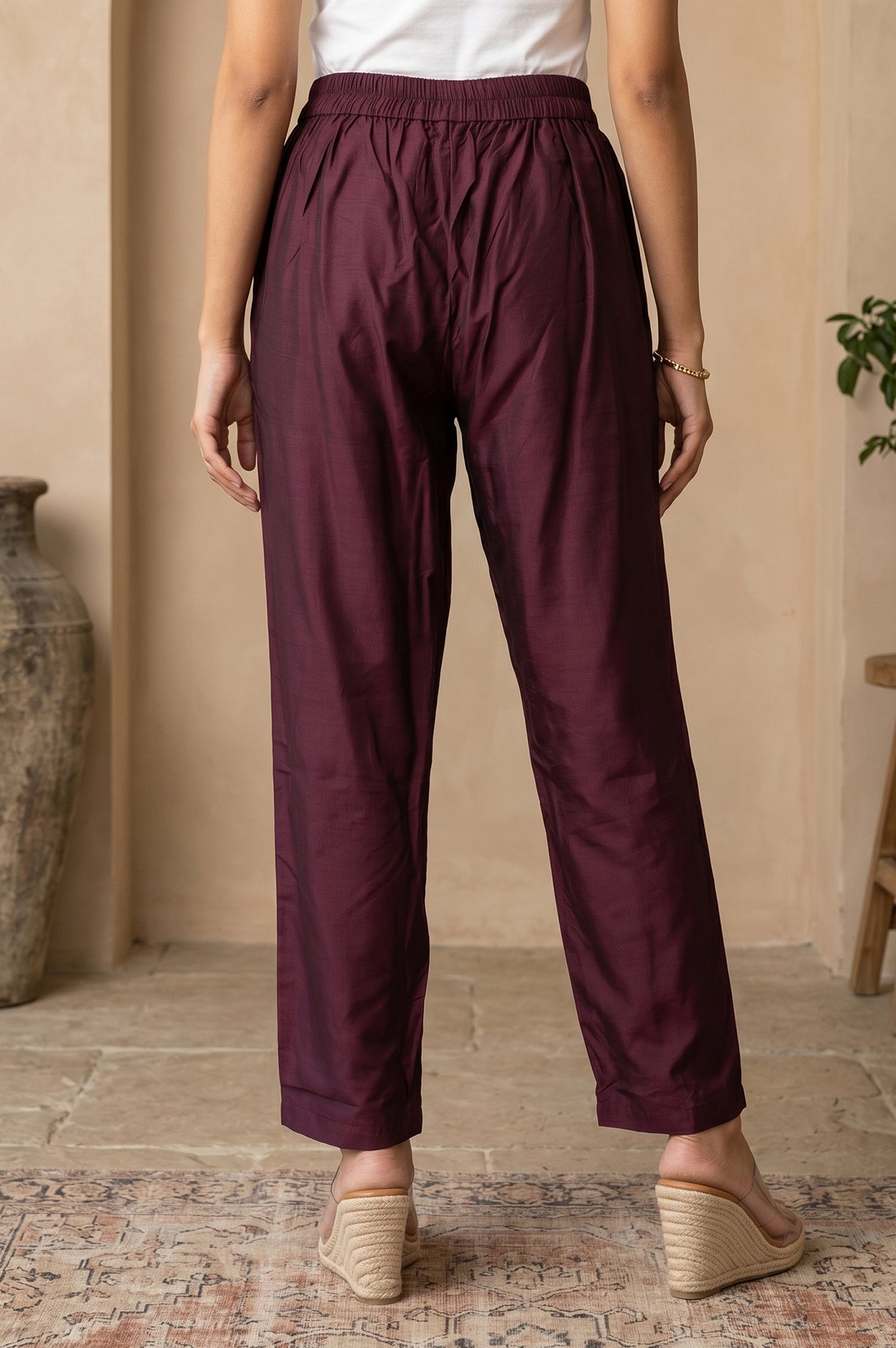 Wine Straight Fit Ankle Length Pants