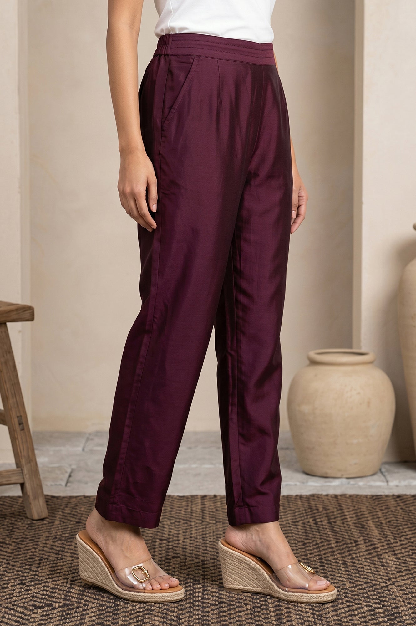 Wine Straight Fit Ankle Length Pants