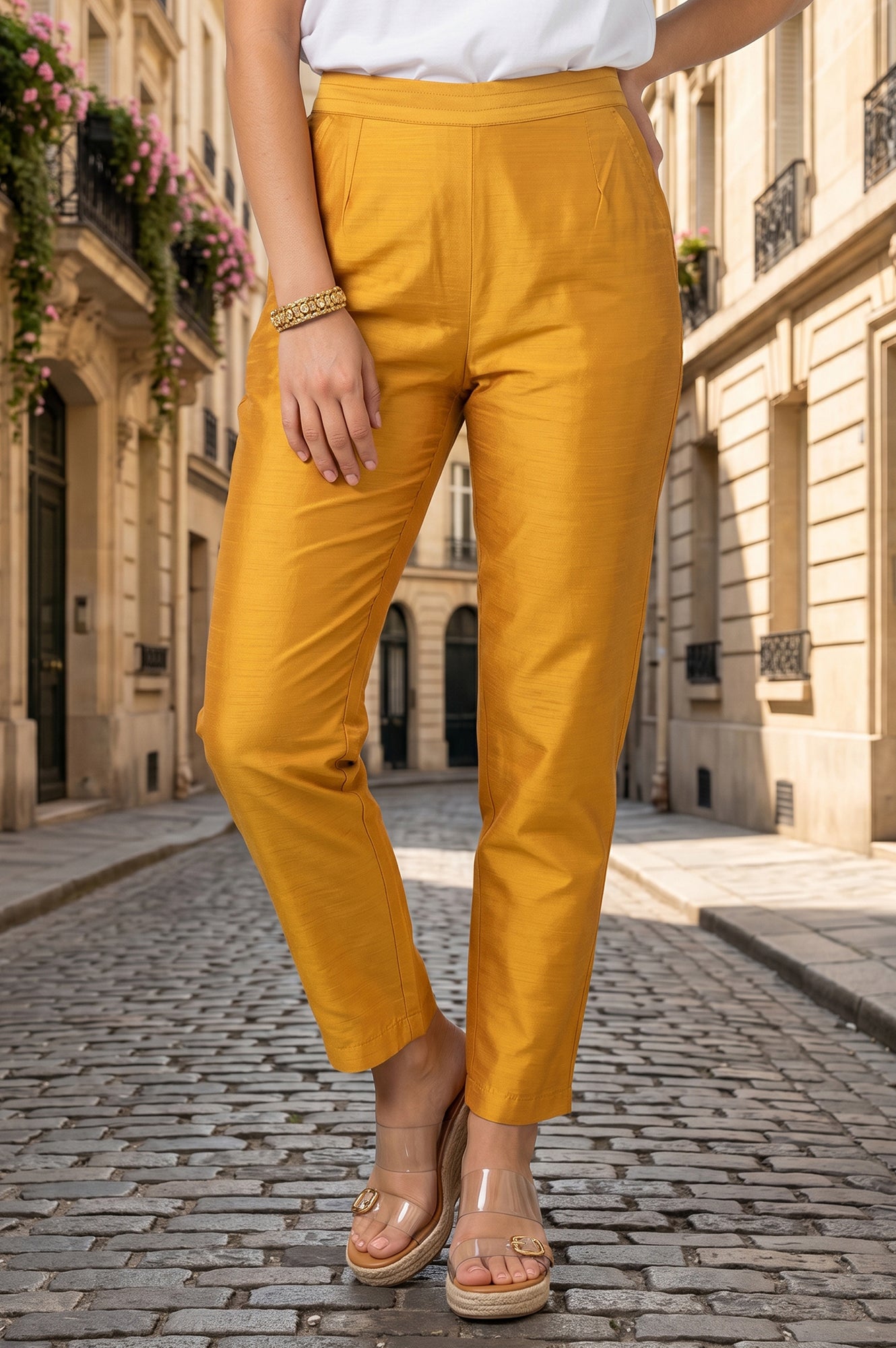 Mustard Straight Fit Ankle Length Pants