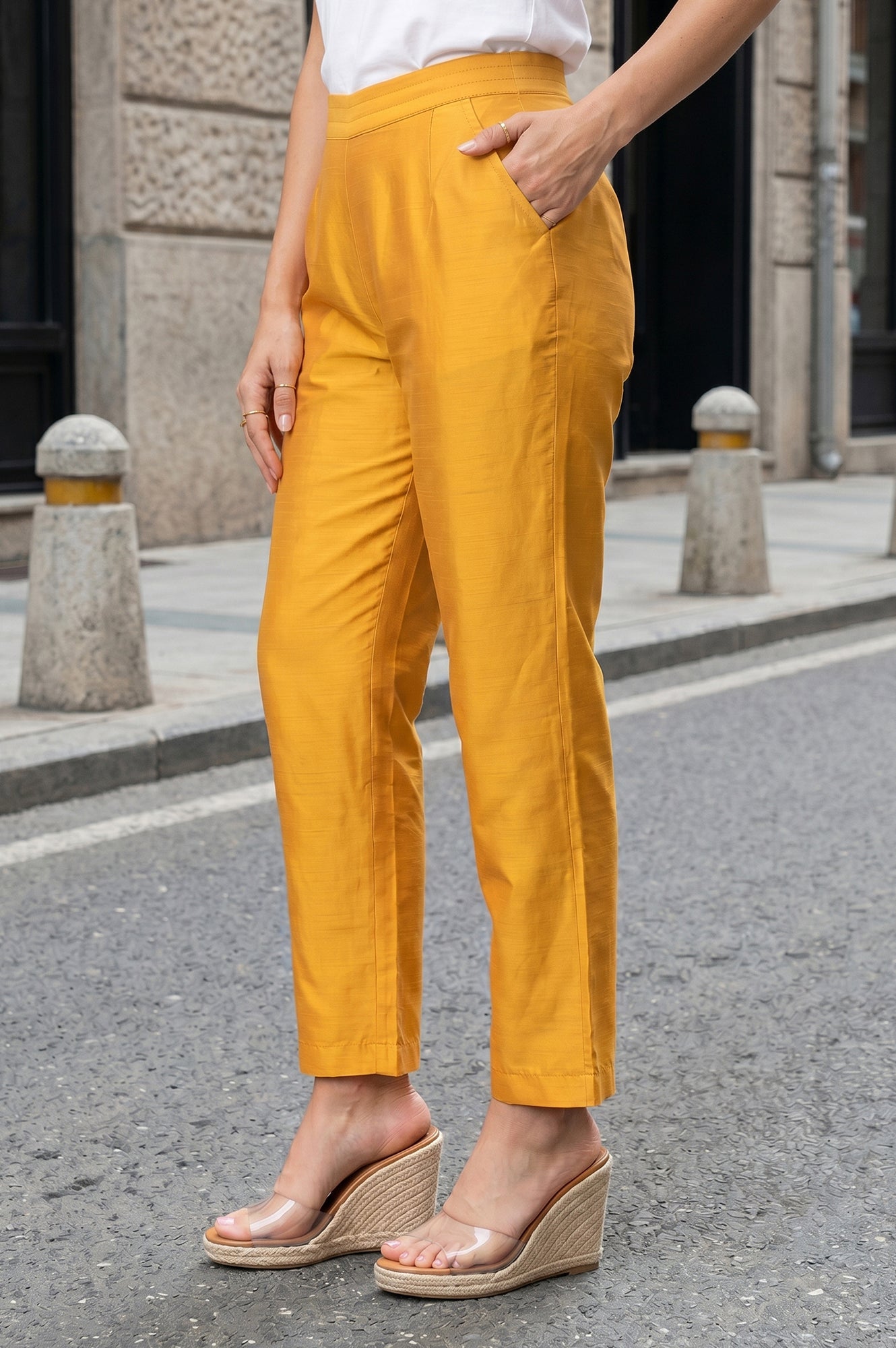Mustard Straight Fit Ankle Length Pants