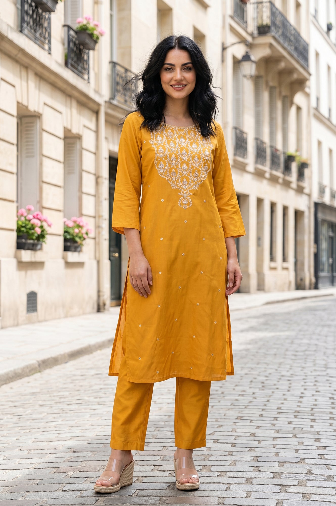 Mustard Straight Fit Ankle Length Pants