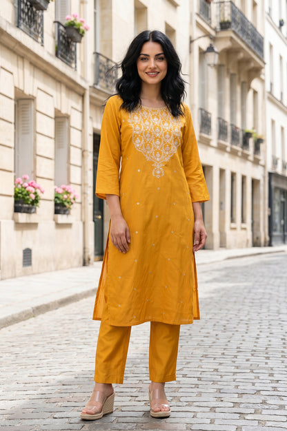 Mustard Straight Fit Ankle Length Pants