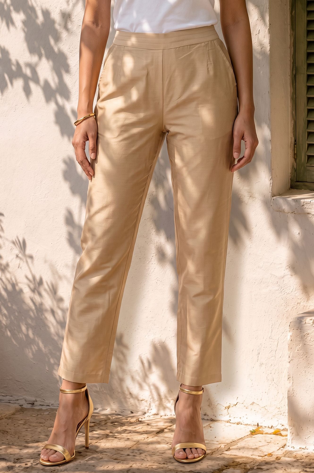 Gold Solid Straight Fit Ankle Length Straight Pant