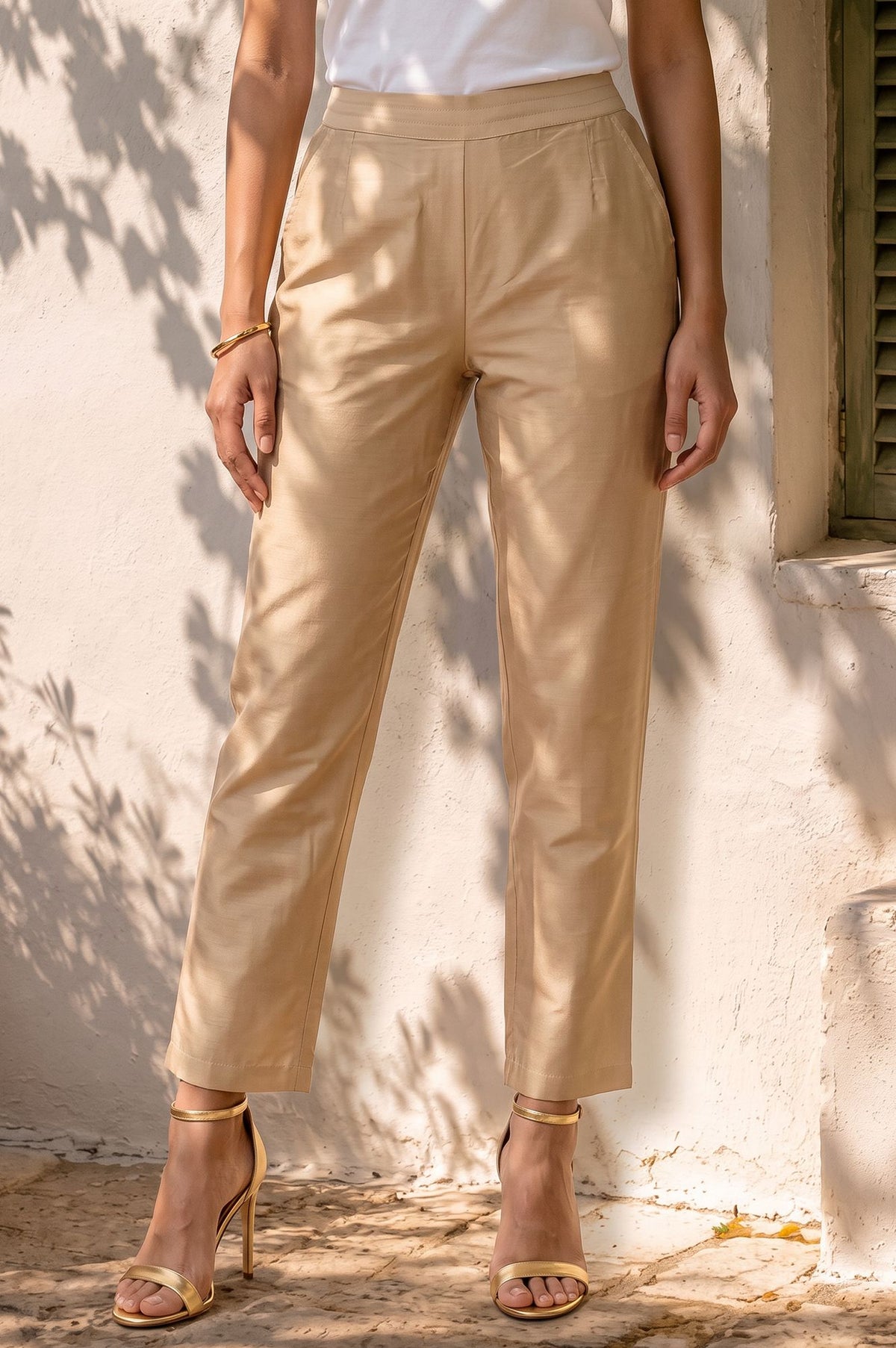 Gold Solid Straight Fit Ankle Length Straight Pant