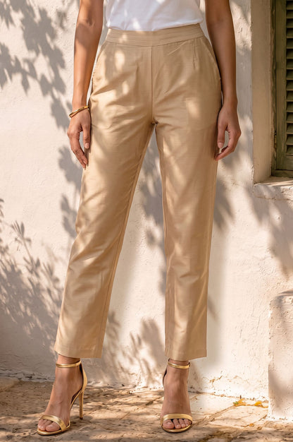 Gold Solid Straight Fit Ankle Length Straight Pant