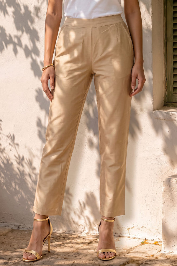 Gold Solid Straight Fit Ankle Length Straight Pant