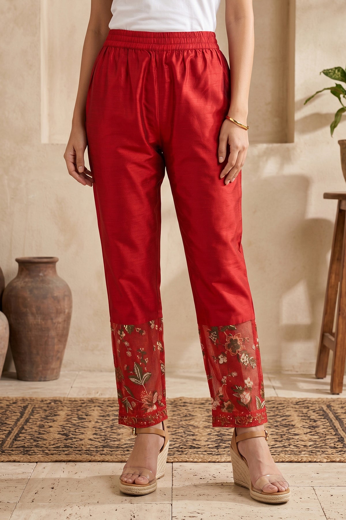 Red Ankle Length Straight Pants With Embroidered Hemline - XS