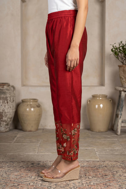 Red Ankle Length Straight Pants With Embroidered Hemline