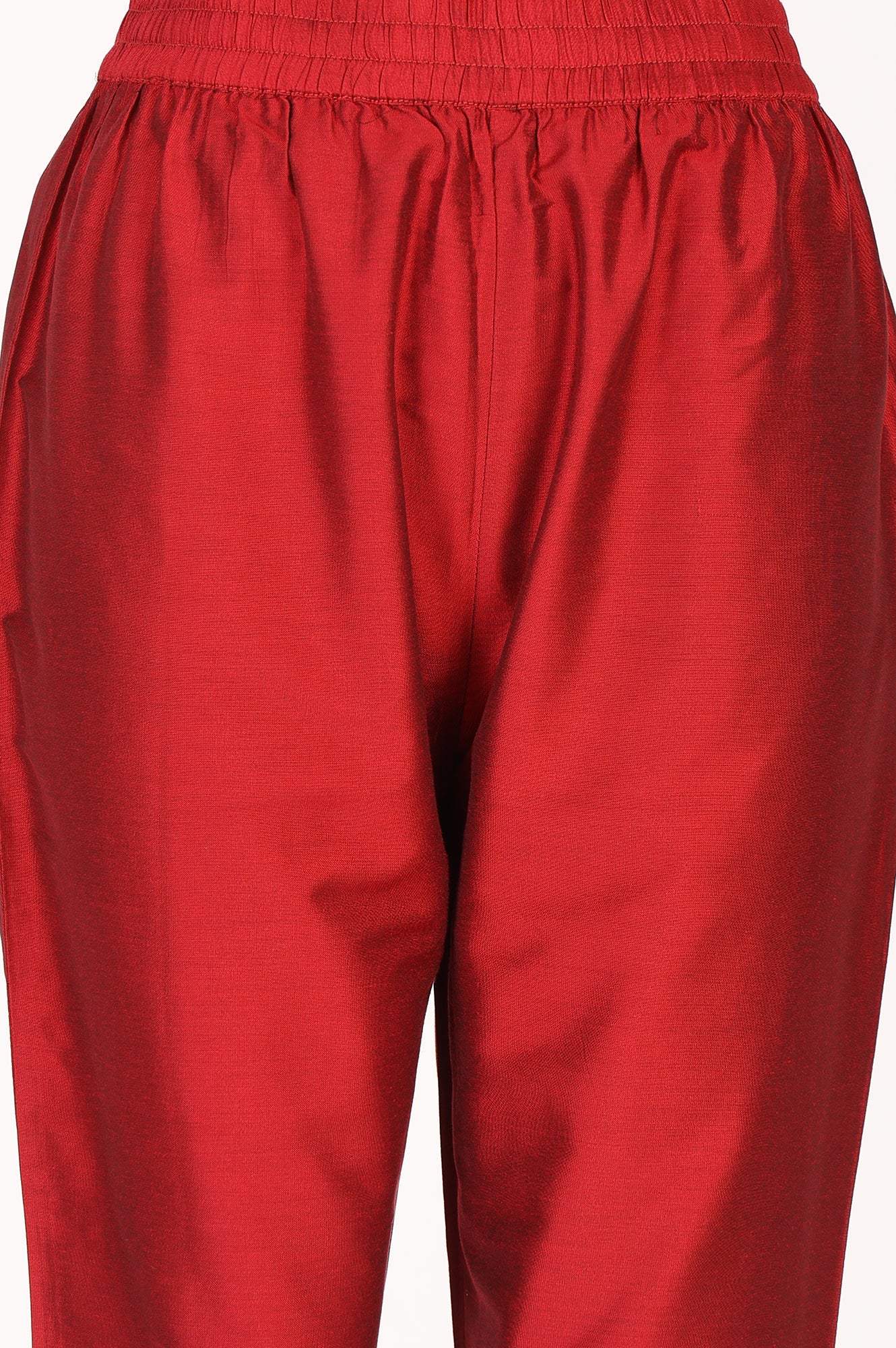 Red Ankle Length Straight Pants With Embroidered Hemline